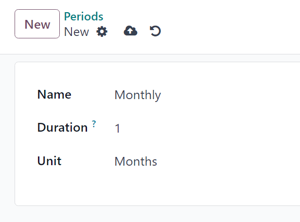A recurrence period form in erpsys Subscriptions application.