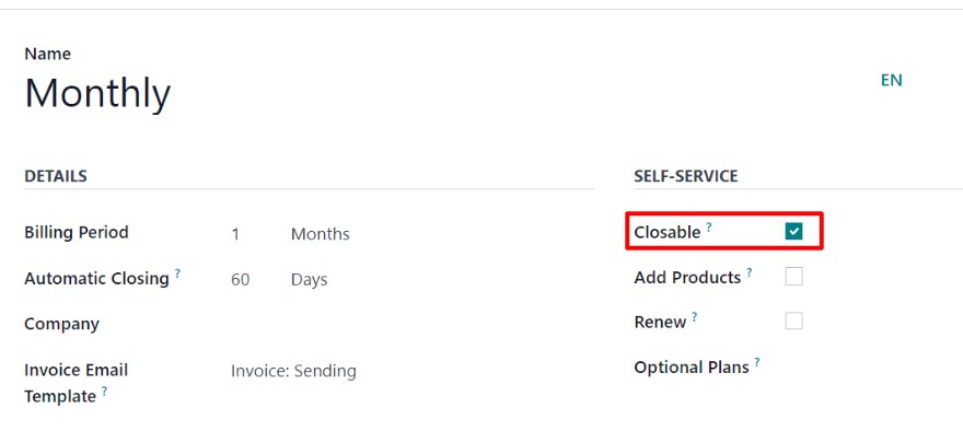 The Closable option on a recurring plan form in erpsys Subscriptions.