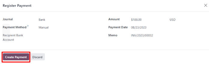 A register payment pop-up window on a customer invoice in erpsys Sales.