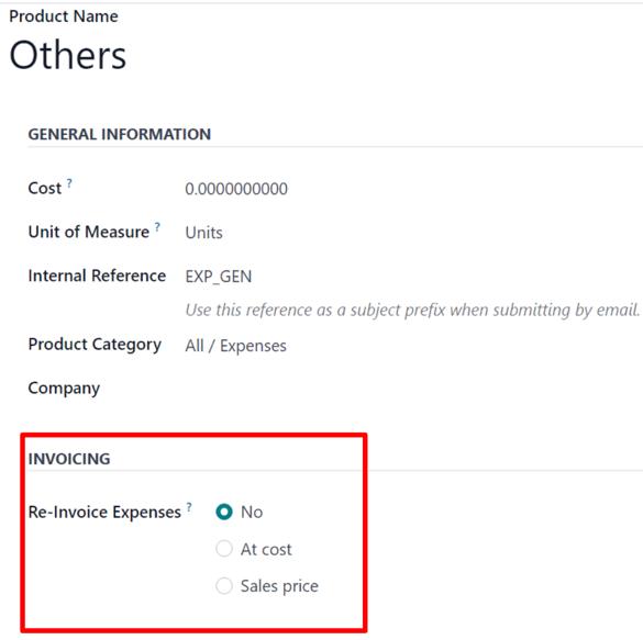 The Re-Invoice Expenses field on an Expense Category form in the erpsys Expenses app.