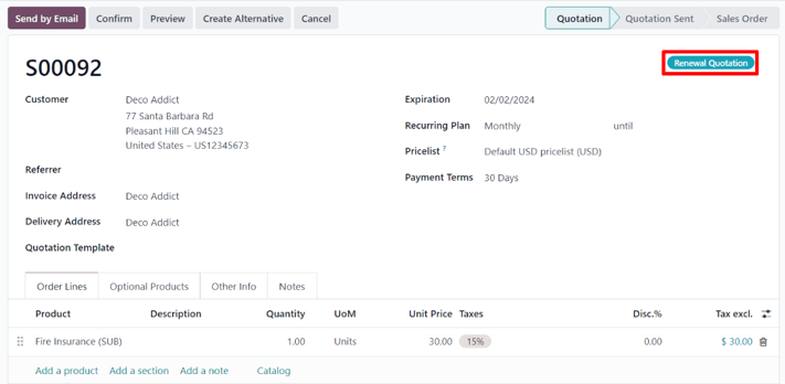 Renewal quotation in the erpsys Subscriptions application.