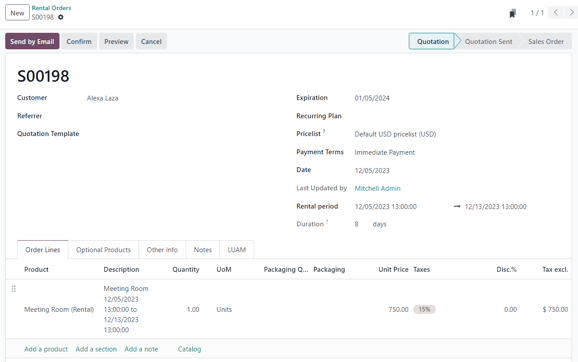 Sample of a filled out rental order available in the erpsys Rental application.