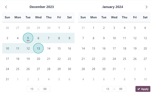 Sample of a rental period calendar pop-up window in the erpsys Rental application.