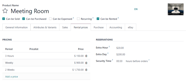 How the Settings page appears in the erpsys Rental application.
