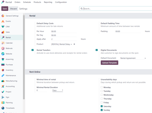 How the Settings page appears in the erpsys Rental application.