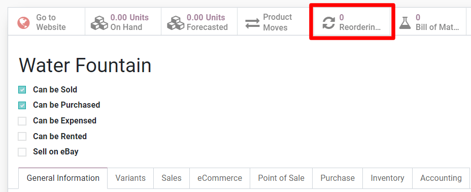 Access reordering rules for a product from the product page in erpsys.