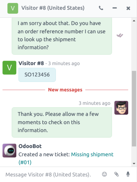 View of the chat window with a helpdesk ticket created in Erpsys Live Chat.