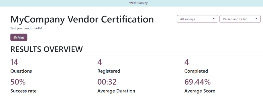 Typical survey results page when 'See results' is clicked from the erpsys Surveys dashboard.