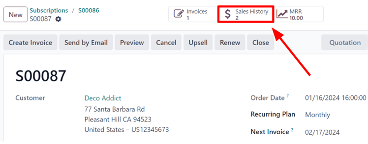 Sales History smart button in the erpsys Subscriptions application.