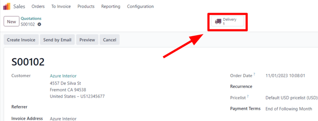 A typical sales order with a highlighted delivery smart button in erpsys Sales.