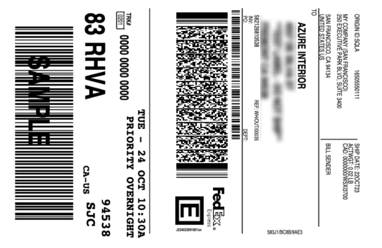Sample label generated from erpsys's shipping connector with FedEx.