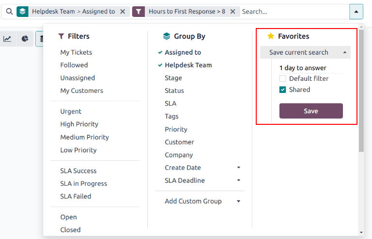 View of the save favorites option in erpsys Helpdesk.