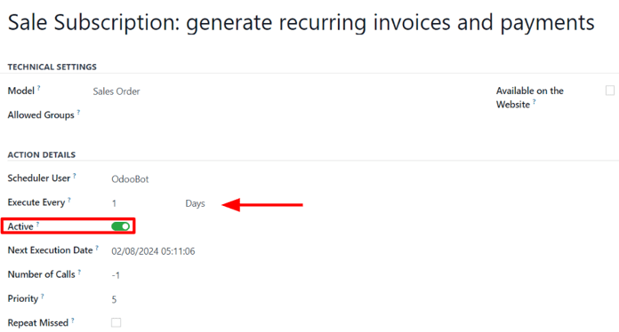 The scheduled action form in the erpsys Settings application.