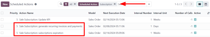The subscription-related results on the scheduled actions page in erpsys Settings.