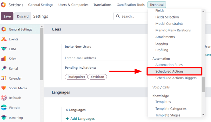 The scheduled actions option under the technical menu in the erpsys Settings application.