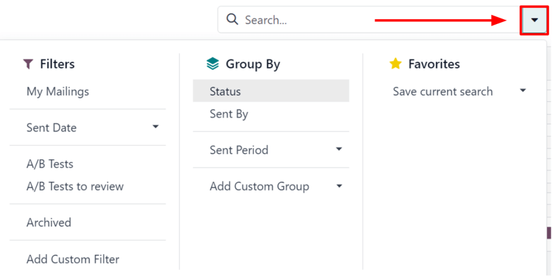 The drop-down mega menu of search options the erpsys Email Marketing application.
