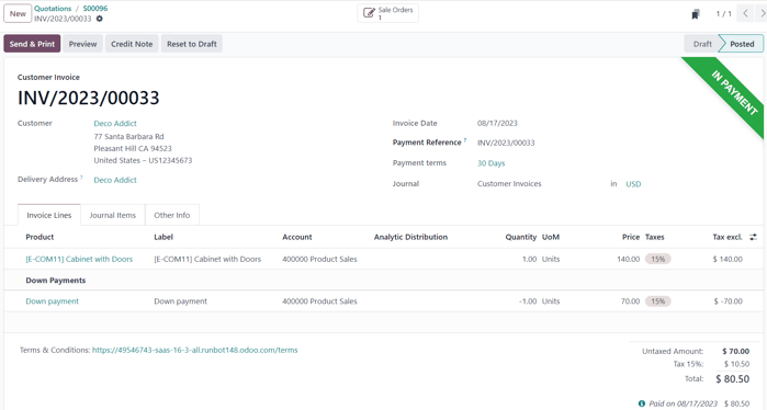 The second down payment invoice with in payment banner in erpsys Sales.
