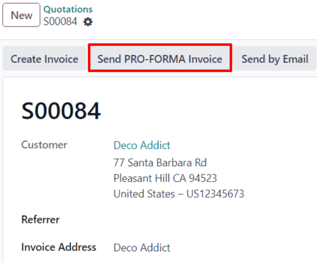 The Send Pro-Forma Invoice button on a typical sales order in erpsys Sales.