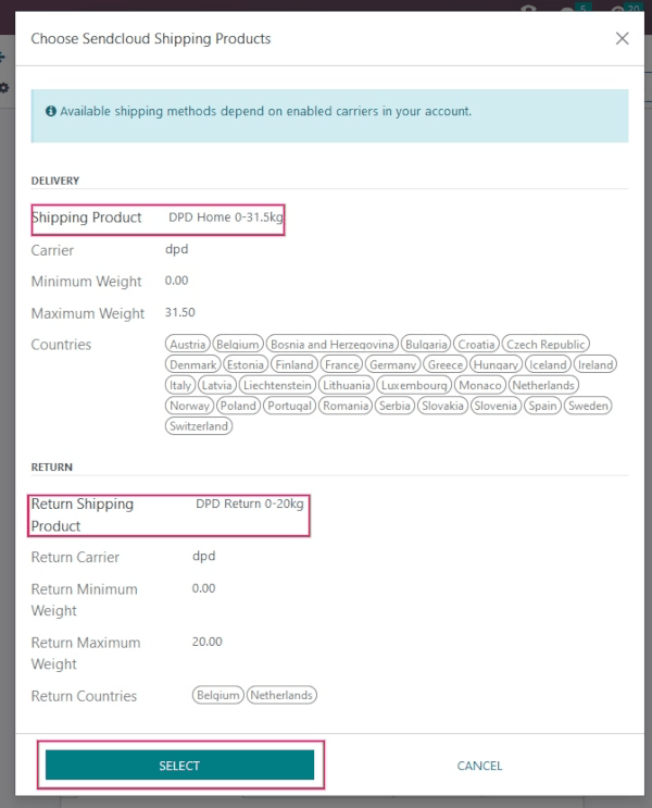 Example of shipping products configured in erpsys.