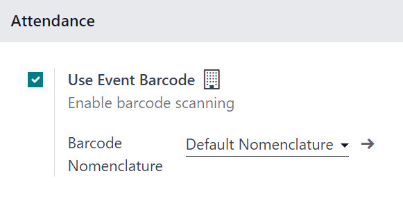 The Attendance section in the erpsys Events Settings page in the erpsys Events application.