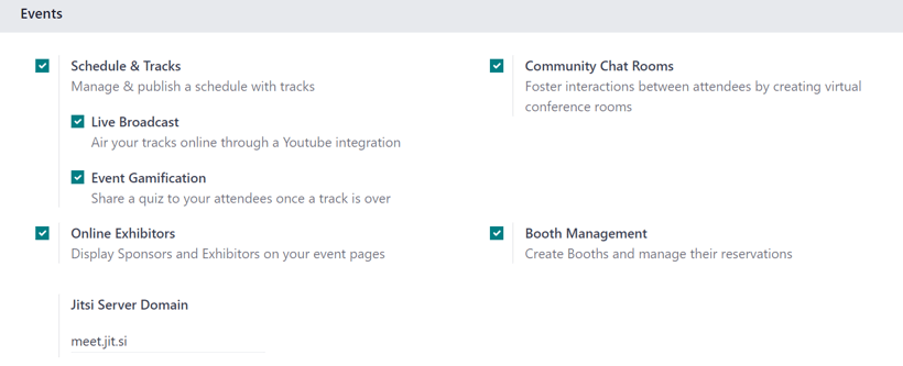 The Events section on the erpsys Events settings page in the erpsys Events application.