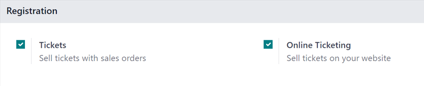 The Registration section in the erpsys Events settings page in the erpsys Events application.