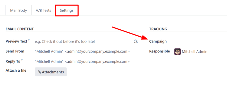 View of settings tab in erpsys Email Marketing when campaign setting is activated.