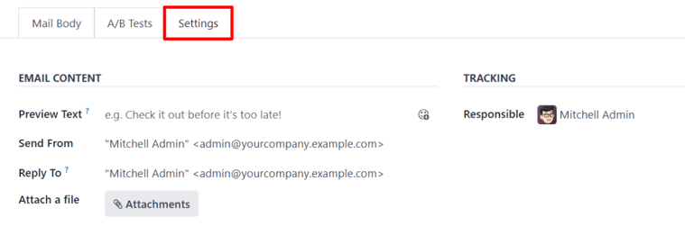 View of settings tab in erpsys Email Marketing app, without campaign setting activated.