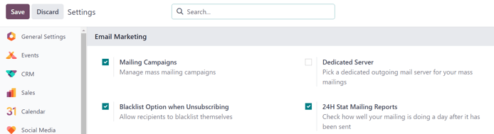 View of the Settings page in the erpsys Email Marketing application.