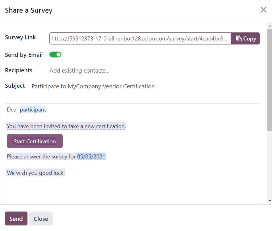 The 'Share a Survey' pop-up window in erpsys Surveys with the Send by Email toggled on.