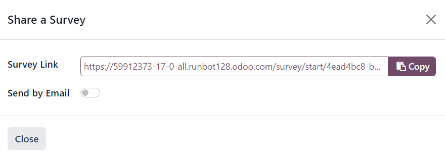 The 'Share a Survey' pop-up window that appears in the erpsys Surveys application.