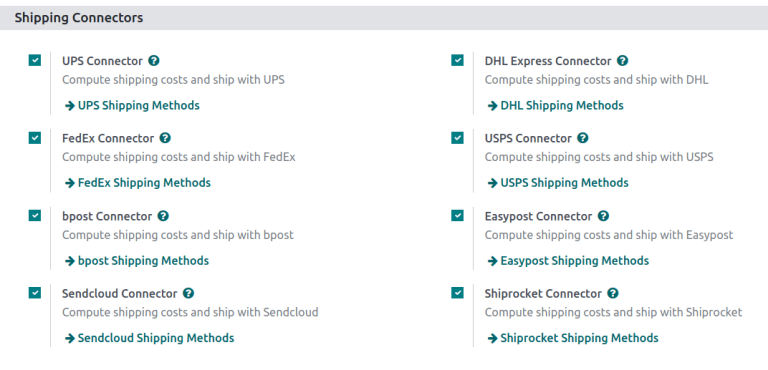 Options of available shipping connectors in erpsys.