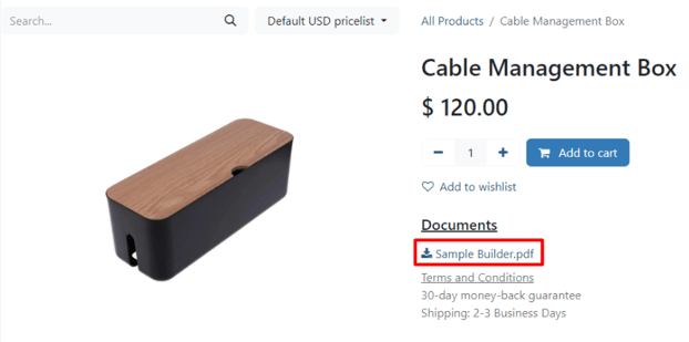 Showing a link to an uploaded document on a product page using erpsys Sales.