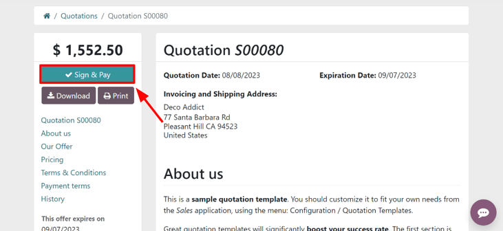 The Sign and Pay button present on online quotations in erpsys Sales.
