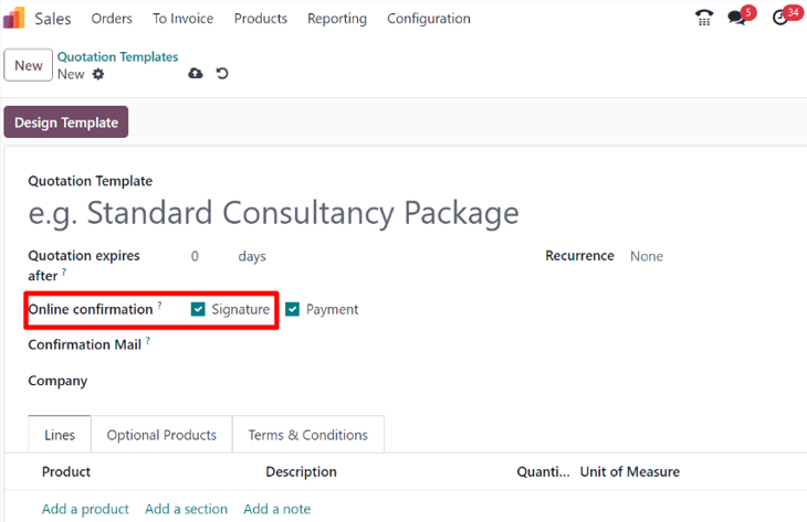 The Online confirmation signature option found on every quotation template in erpsys.