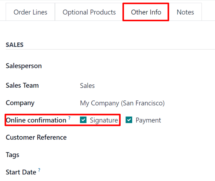 The online signature feature option in the Other Info tab of a quotation form in erpsys.