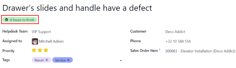 View of a ticket's form emphasizing a satisfied SLA in erpsys Helpdesk.