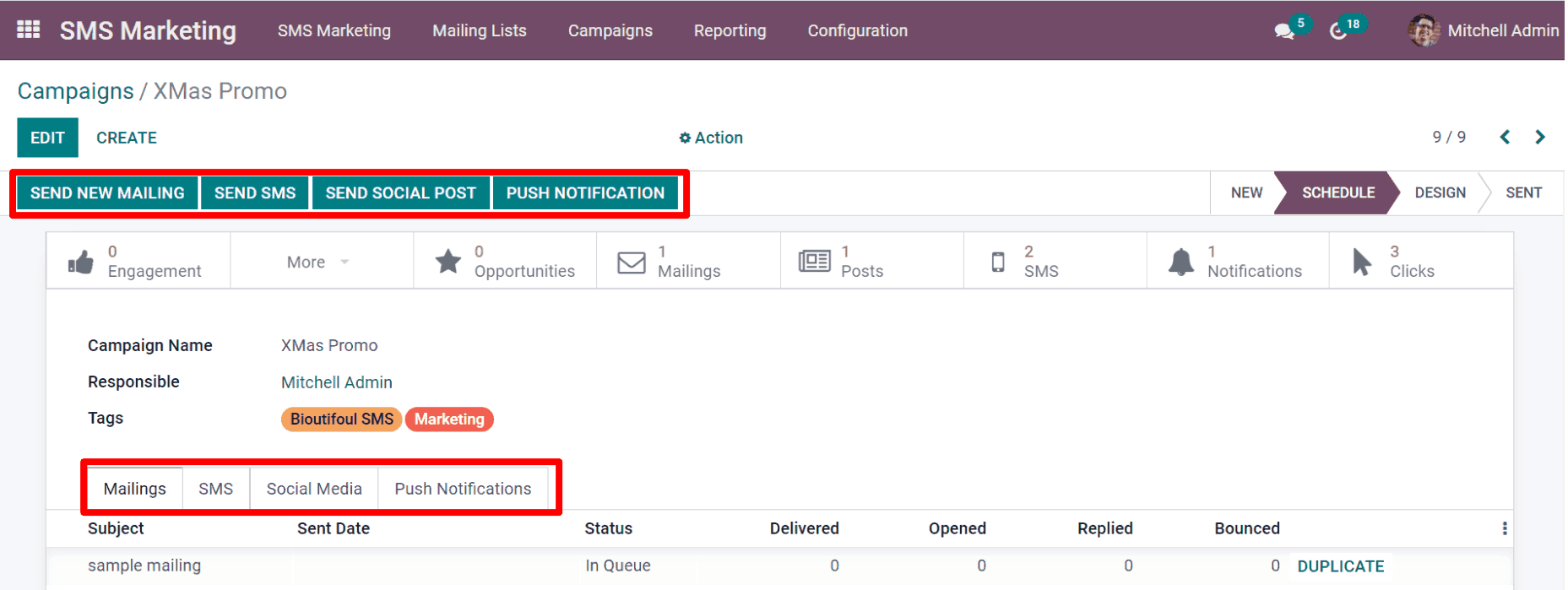View of an SMS campaign template in erpsys SMS marketing.