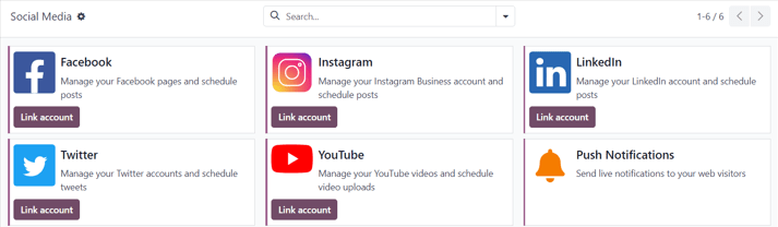 View of the social media page in the erpsys Social Marketing application.