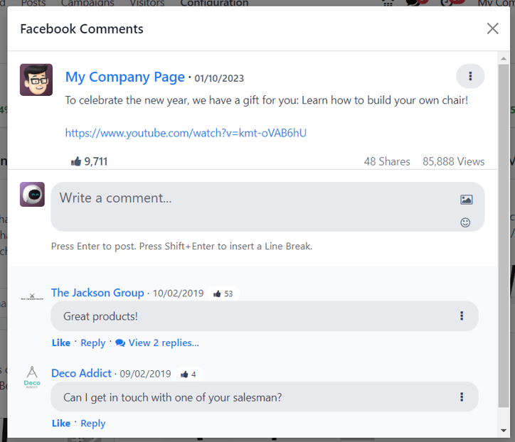 Sample of a social media post's pop-up window in erpsys Social Marketing application.