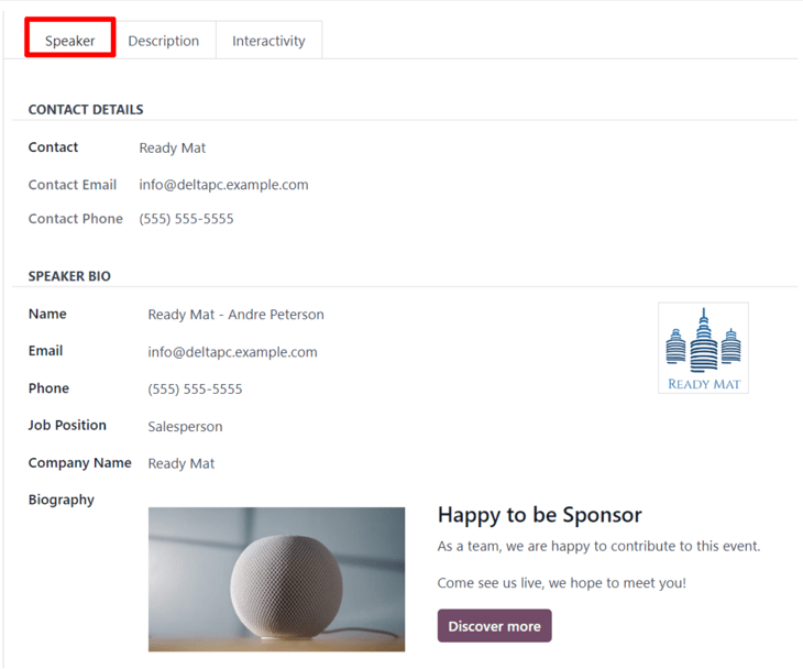 The Speaker tab on an event track form in the erpsys Events application.