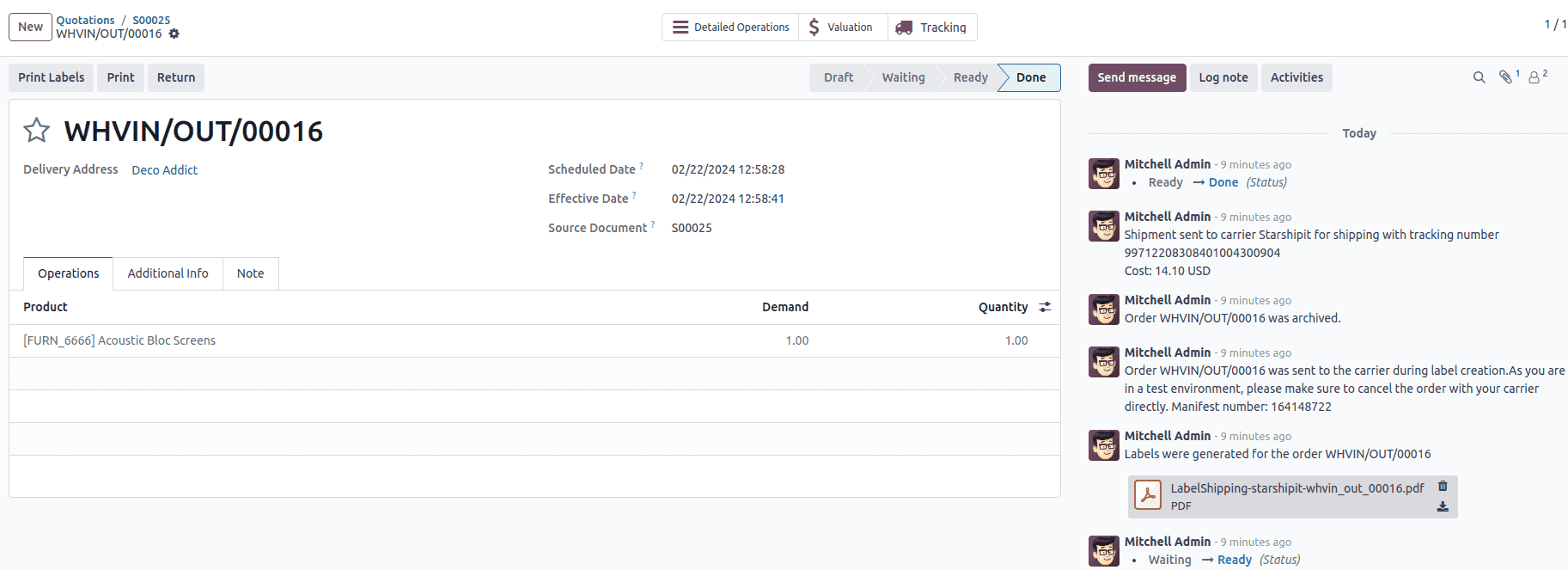 Example of a shipped order in erpsys.