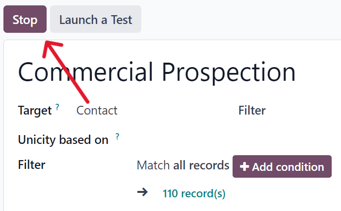 The stop button on a typical campaign detail form in erpsys Marketing Automation application.