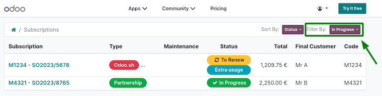 Erpsys.com portal subscriptions filtered by "in progress".