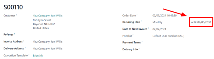 The expiration date on a subscription sales order in erpsys Subscriptions.