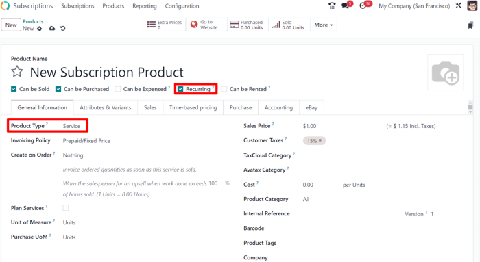 A basic subscription product form in erpsys Subscriptions application.