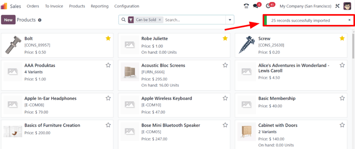 The pop-up window that appears after a successful product import process in erpsys Sales.