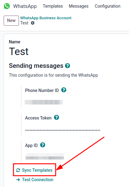 Syncing Meta WhatsApp templates to the Erpsys database, with the 'Sync Templates' highlighted.