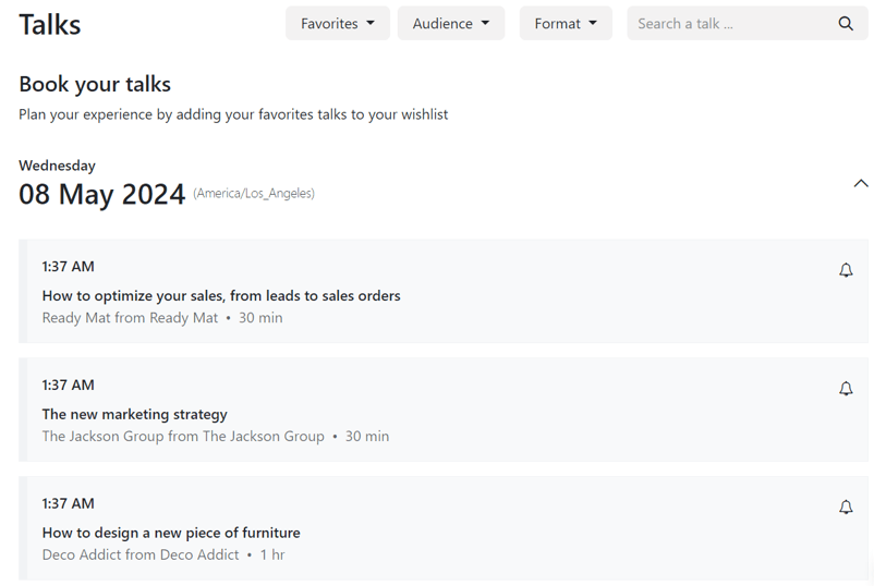 The Talks page on an event website built through the erpsys Events application.