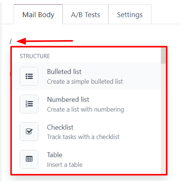 View of the rich text editor drop-down in the erpsys Email Marketing application.
